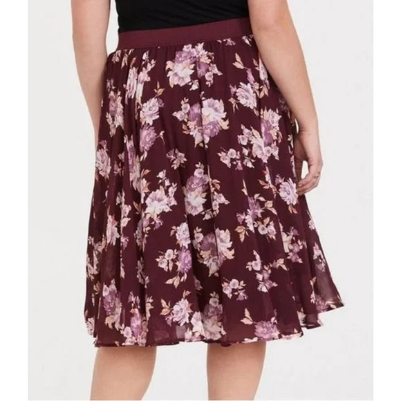 Torrid Floral Midi Chiffon Tulle Lined Skirt Burgundy Pull On Plus Size 2 2X - Picture 8 of 11